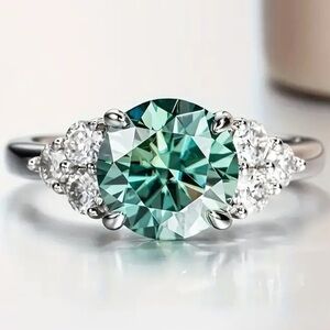 Seawater Blue Zircon Ring Round Cut Silver Tone Engagement Style Statement Ring